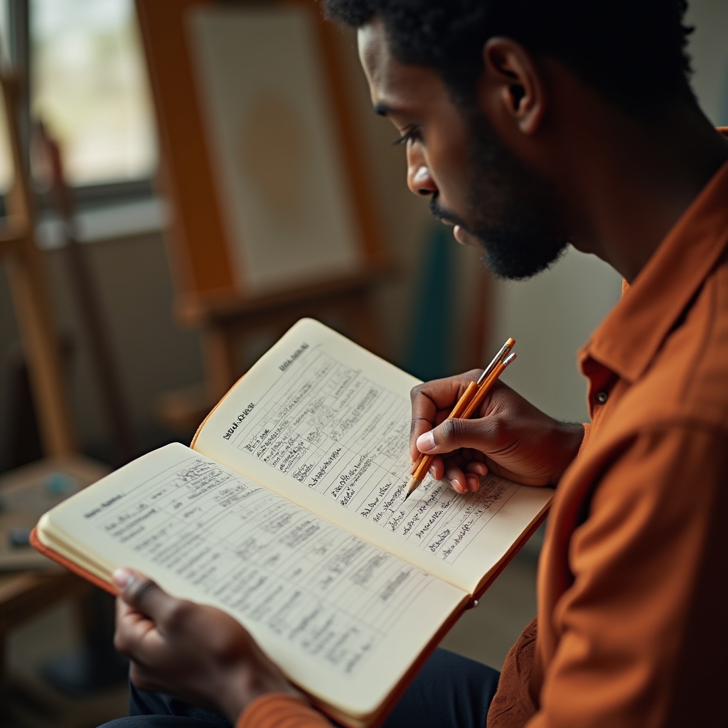 Artist using a notebook to plan and track project finances
