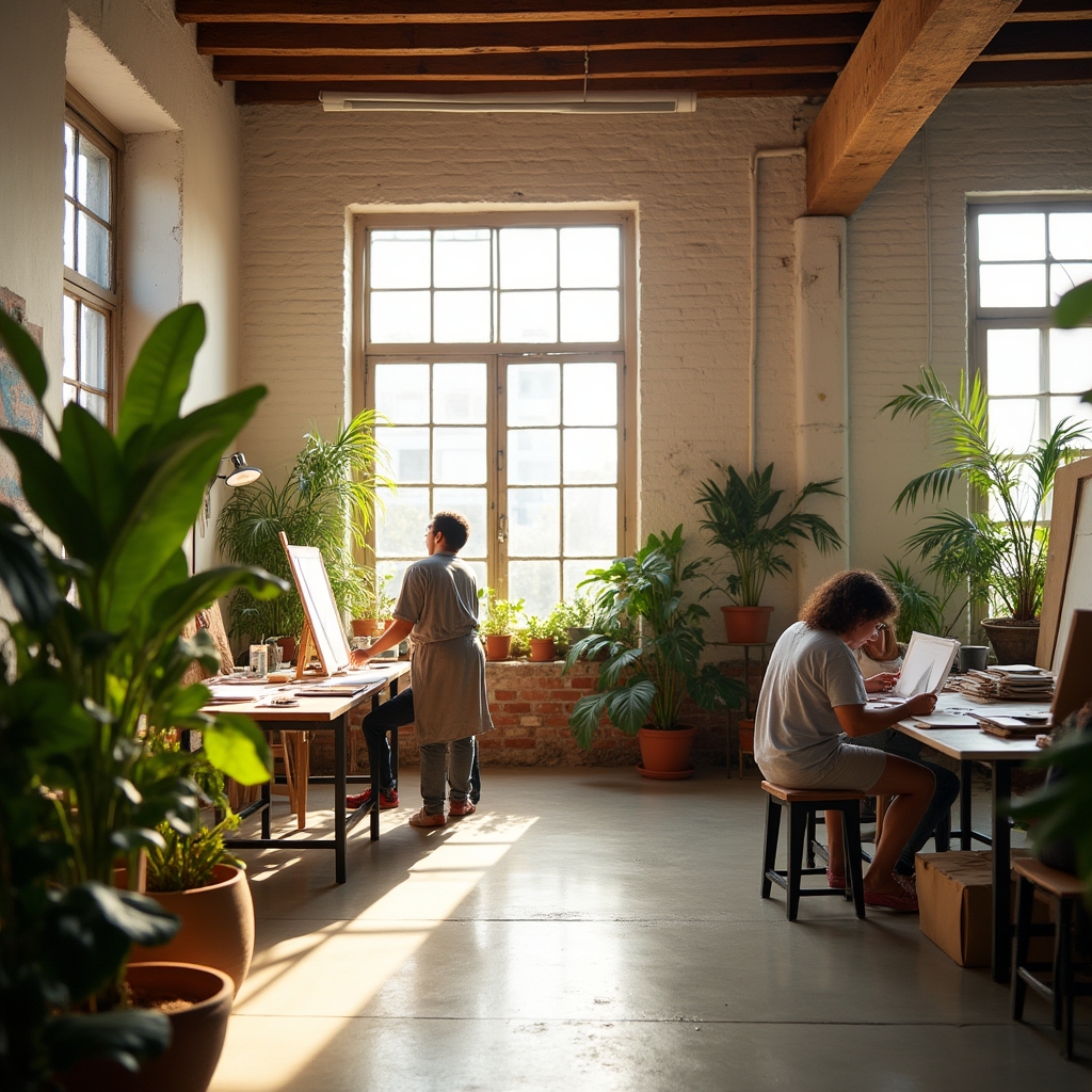 Vibrant creative scene in Barranquilla with artists collaborating in an open studio space