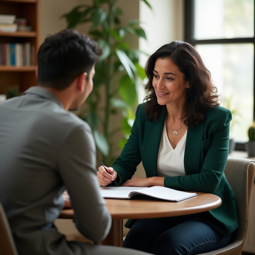 Creative professional in a consultation session discussing financial planning with an educator