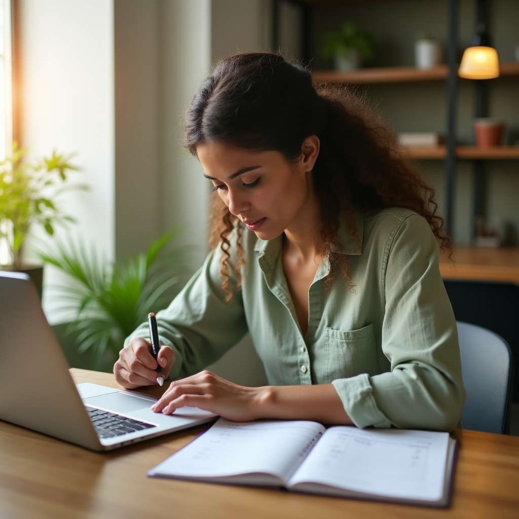 Creative professional reviewing financial records at a modern workspace