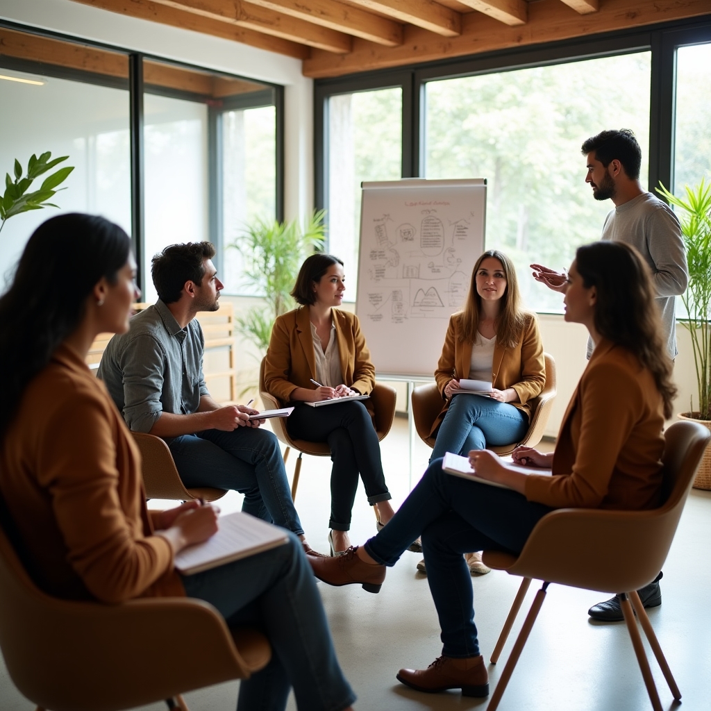 Small group of creative professionals learning together in a collaborative workshop environment