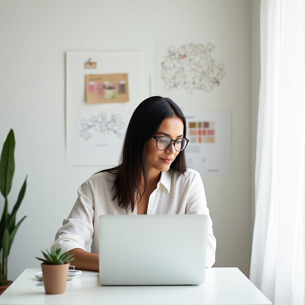 Creative professional in a bright studio reviewing income records on a laptop